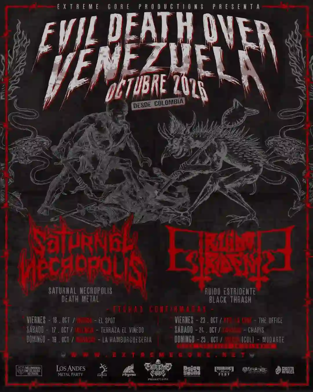 Flyer-Extreme Gore Productions - Evil Death Over Venezuela - Saturnal Necropolis - Ruido Estridente - Venezuela - Octubre 2026
